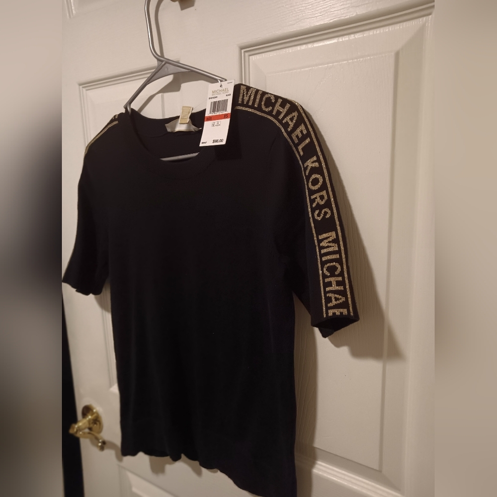 Michael Kors Black Tee with Gold Logo Stripes